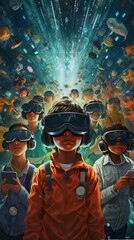 Children wearing virtual reality headsets immersed in a digital world. The impact of technology and imagination. Generative AI.