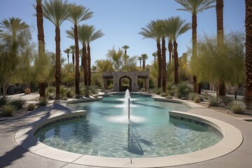 desert oasis, with water fountain and pool, surrounded by palm trees, created with generative ai