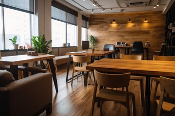 co-working space with unlimited coffee and tea, wooden tables, and comfortable chairs, created with generative ai