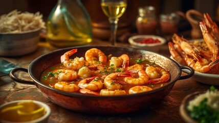 Fried or grilled shrimp with garlic, spices and oil