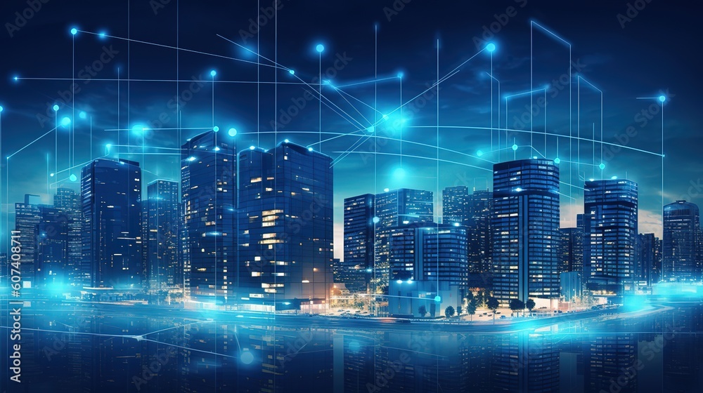 Poster Searching location on map and pin above blue tone cityscape and network connection.Generative AI