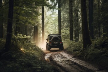 off-road vehicle speeding through wooded forest, surrounded by nature, created with generative ai - obrazy, fototapety, plakaty