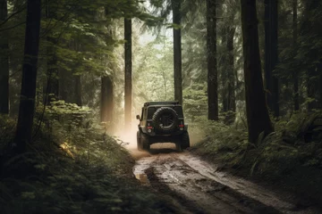 Tuinposter off-road vehicle speeding through wooded forest, surrounded by nature, created with generative ai © altitudevisual