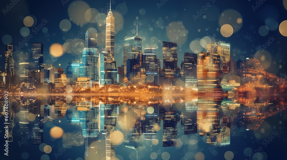 Poster Searching location on map and pin above blue tone cityscape and network connection.Generative AI