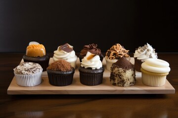 display of classic and gourmet cupcakes, with mix-and-match flavors and frostings, created with generative ai