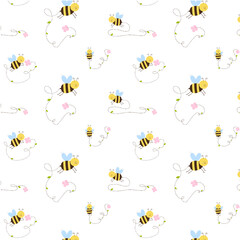 Seamless summer pattern of bees, flowers and leaves. Bright stylish pattern. Template for printing. Vector illustration of a flat design.
