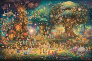 Obraz na płótnie Canvas magical garden with blooming flowers, towering trees, and fairies dancing among the flowers, created with generative ai