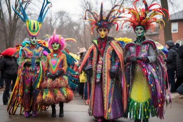 Obraz premium alien family members, dressed in colorful and elaborate costumes, dancing during holiday festival, created with generative ai