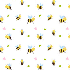 Seamless summer pattern of bees, flowers and leaves. Bright stylish pattern. Template for printing. Vector illustration of a flat design.