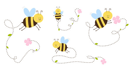 A set of cute bees on a white background. Flowers and leaves. Flat style. Vector illustration.