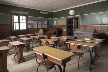 empty classroom, with vintage desks and chalkboards for a classic look, created with generative ai