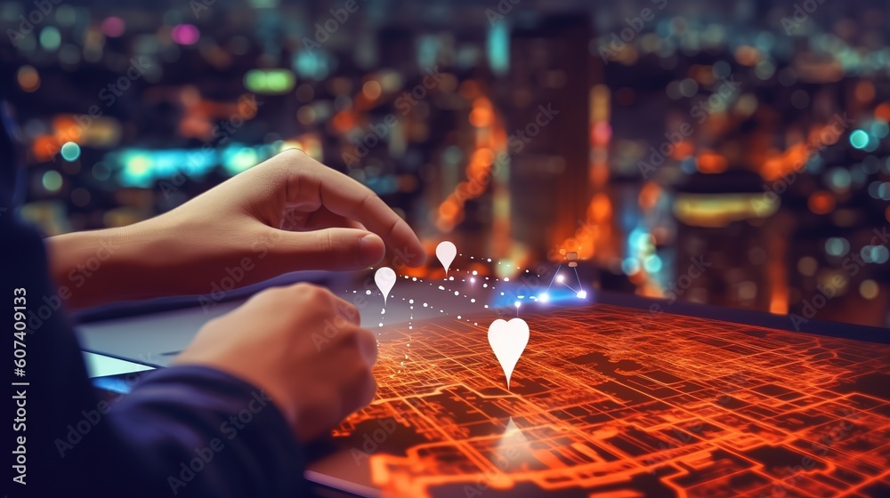 Poster GPS map, pin address location on mobile apps. Generative AI