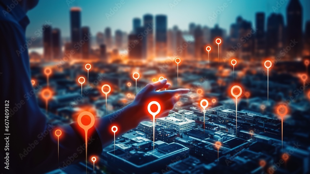 Poster GPS map, pin address location on mobile apps. Generative AI
