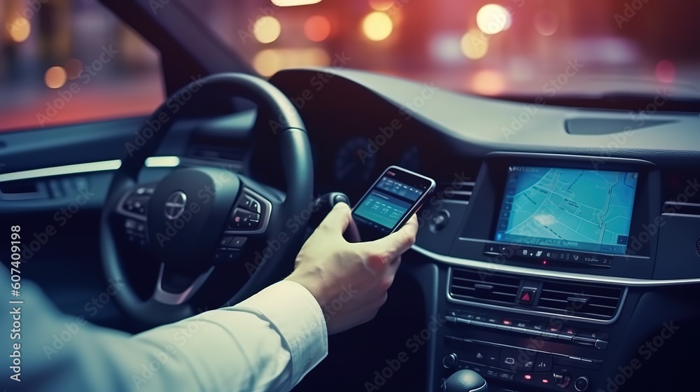 Aufkleber A business person using a mobile smartphone, checking the location of the address using the navigator application, driving a car.Generative AI