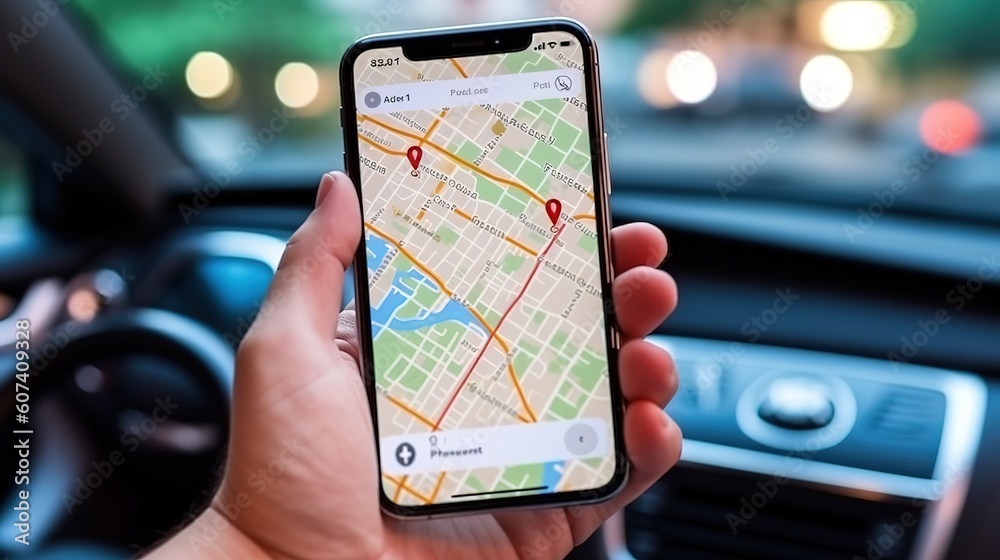 Fototapete A business person using a mobile smartphone, checking the location of the address using the navigator application, driving a car.Generative AI