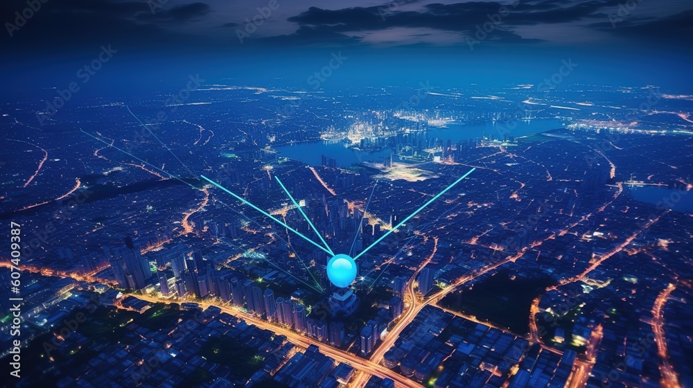 Poster Searching location on map and pin above blue tone cityscape and network connection.Generative AI