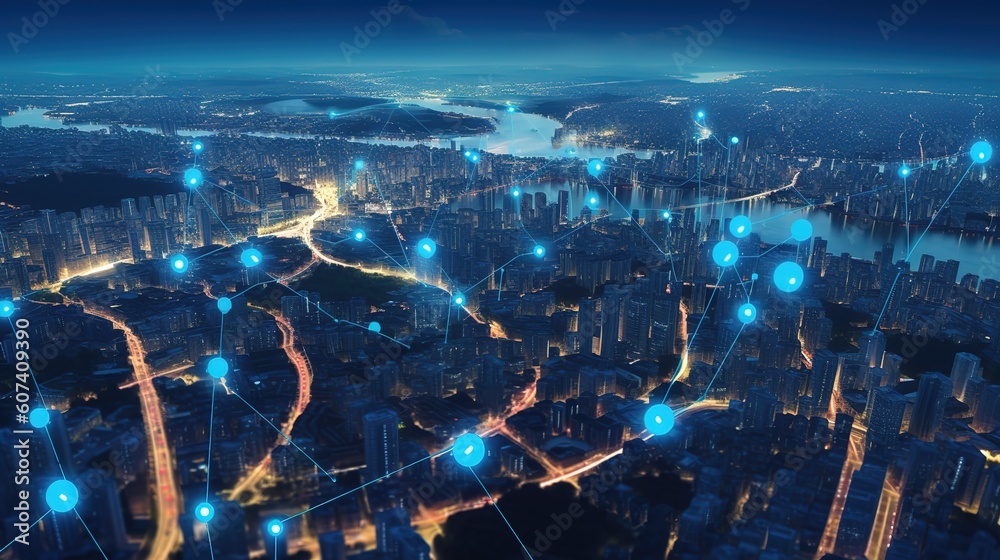 Poster Searching location on map and pin above blue tone cityscape and network connection.Generative AI