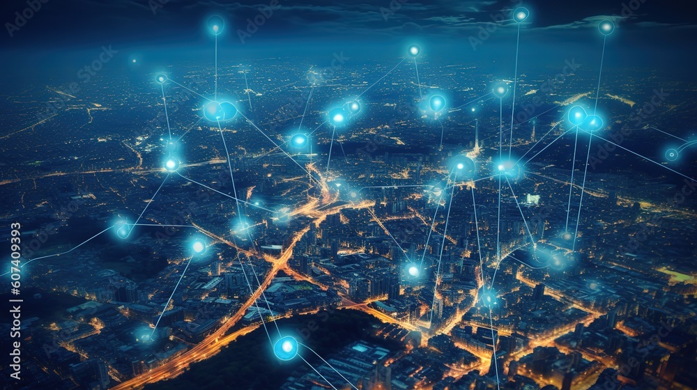 Poster Searching location on map and pin above blue tone cityscape and network connection.Generative AI