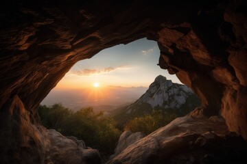 cave with view of the sunset over a mountain range, created with generative ai