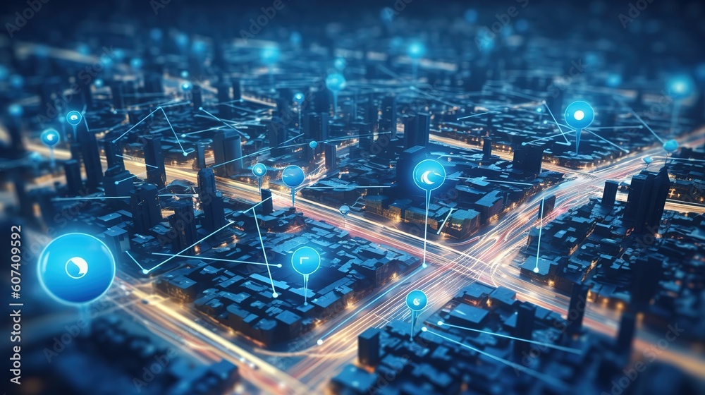 Poster searching location on map and pin above blue tone cityscape and network connection.generative ai
