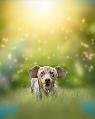 Harlequin dachshund, tender and sweet dog. Close ups and close-ups in a grassy and flowery mantle