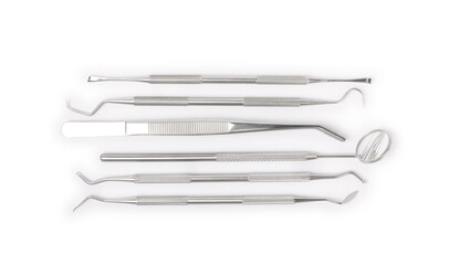 Dental instruments isolated on white background. Professional tools for oral care. Whitens teeth, stimulates gums, removes plaque and tartar. Clean teeth.Dentistry concept. mockup