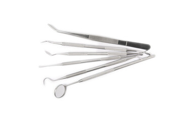 Dental instruments isolated on white background. Professional tools for oral care. Whitens teeth, stimulates gums, removes plaque and tartar. Clean teeth.Dentistry concept. mockup