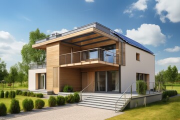 Fototapeta na wymiar eco-friendly house with solar panels and energy-efficient appliances, created with generative ai