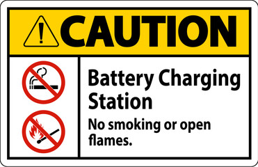Caution Sign Battery Charging Station, No Smoking Or Open Flames