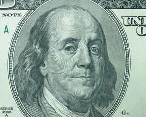 Portrait of President of USA Benjamin Franklin, printed on one hundred dollar banknote