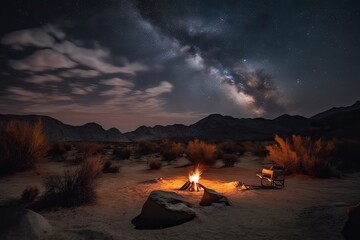 cozy campsite under starry night sky in desert, created with generative ai