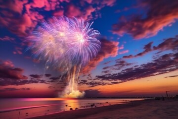 Fototapeta premium fireworks on the beach, sky, sea. fireworks over the river. Generative AI