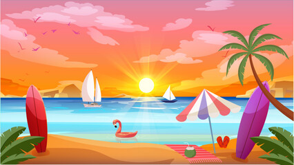 Fototapeta na wymiar Vector Illustration Sunset on the Beach with Palm Trees