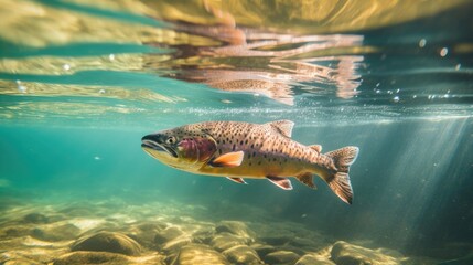 salmon fish swimming in the river - obrazy, fototapety, plakaty