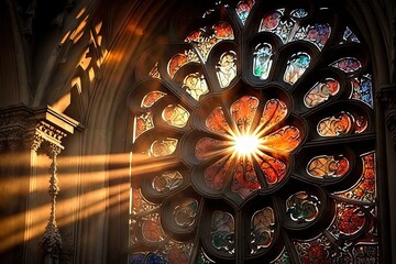 a view of the sun's rays shining through a stained glass window, created with generative ai