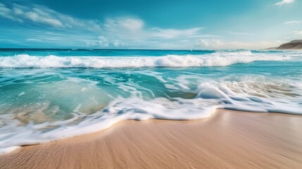 Fototapeta na wymiar Beautiful sandy beach and soft blue ocean. waves on the beach. wave breaking on the rocks. Generative AI