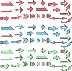 カラフルでかわいい、シンプルな赤青緑の矢印アイコンセット