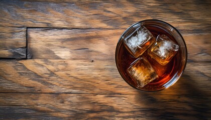Whiskey and coke on a rustic bar from above  - obrazy, fototapety, plakaty