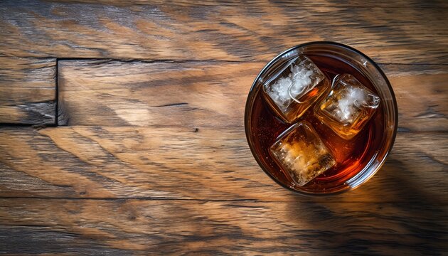 Whiskey and coke on a rustic bar from above 