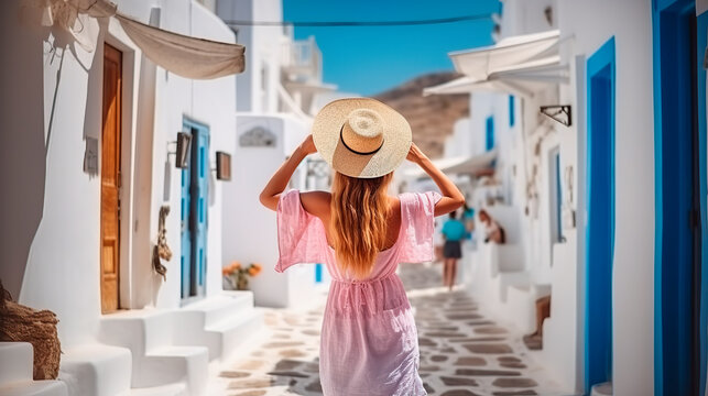 Rear view of a happy woman in a hat walking through the whitewashed streets of the island during the summer. Generative AI