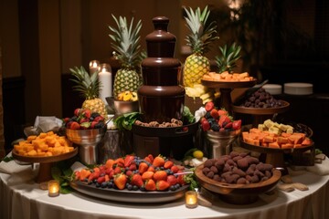 Fototapeta na wymiar chocolate fountain surrounded by bowls of fresh fruit, cookies and pastries, created with generative ai