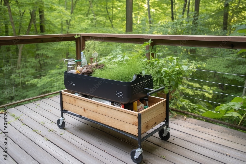 Sticker a portable grill on a wooden deck surrounded by greenery, created with generative ai