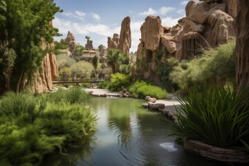 Fototapeta premium oasis surrounded by towering rock formations and lush greenery, created with generative ai