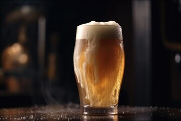 close-up of frosty glass of draught beer with foamy head and rich aroma, created with generative ai