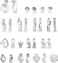 Set of sketch vector illustrations of greek roman classic vintage statues