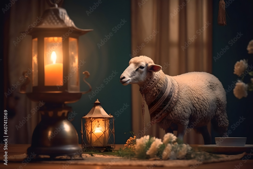 Wall mural eid al adha mubarak islamic festival social media banner and eid mubarak post template sheep and lam