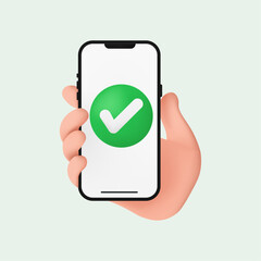 Cute cartoon hand holding a mobile smartphone right check mark. Symbols of acceptance. Hand gesture. Isolated on white background. Realistic 3d symbol icon design. Vector illustration. EPS 10