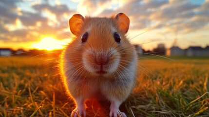 Beautiful hamster with a beautiful sunset
