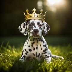 Dog with crown on grass (made with generative AI)