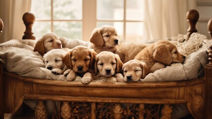litter of puppies in bed